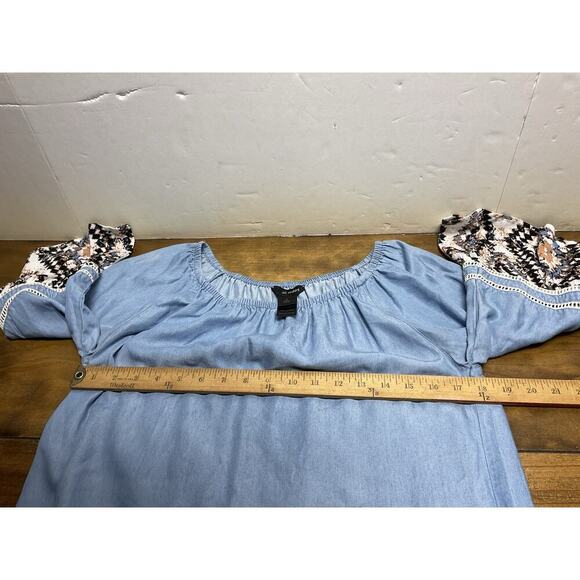 Ali Miles Top Women S Tunic Mixed Media Chambray Artsy Art to Wear Boho Western - Picture 8 of 9